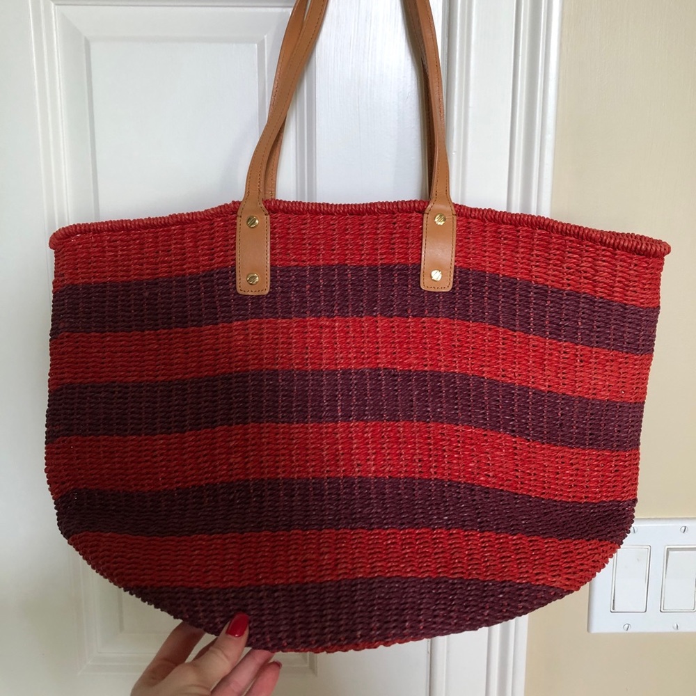 Tory Burch Beach Straw Tote Bag Red/Purple Stripes
